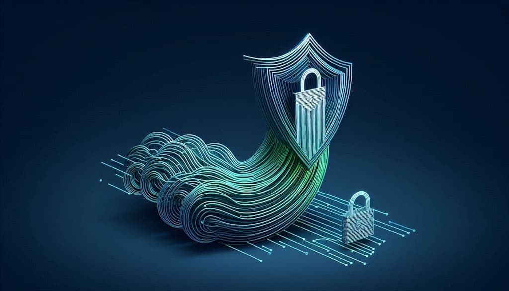 A minimalist, geometric visualization of a data flow secured by an abstract shield or lock icon.