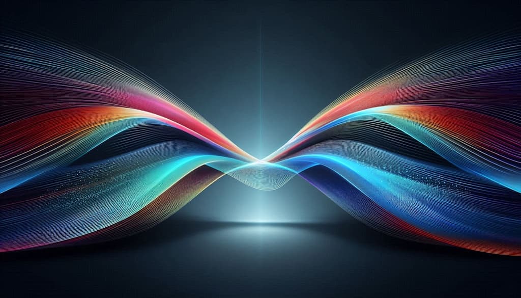 A sleek, abstract visualization of two converging data streams or lines meeting at a clean, singular focal point