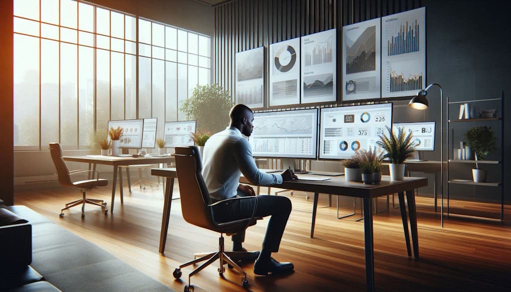 A realistic image of a focused professional of African origin in a modern workspace