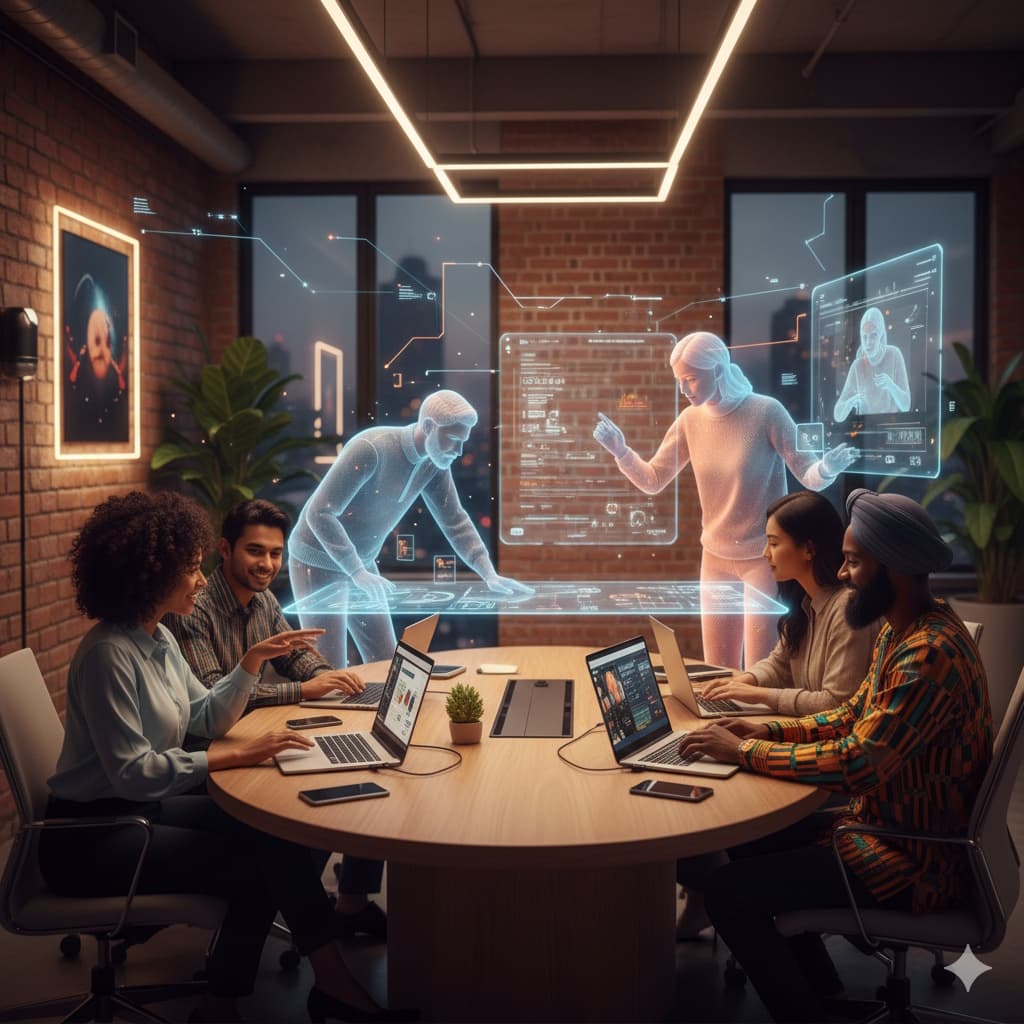 A warm, modern digital workspace scene showing a diverse team collaborating