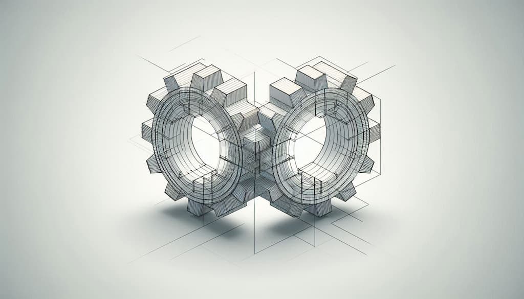 A minimalist, geometric visualization of two distinct, interlocking gears or blocks.